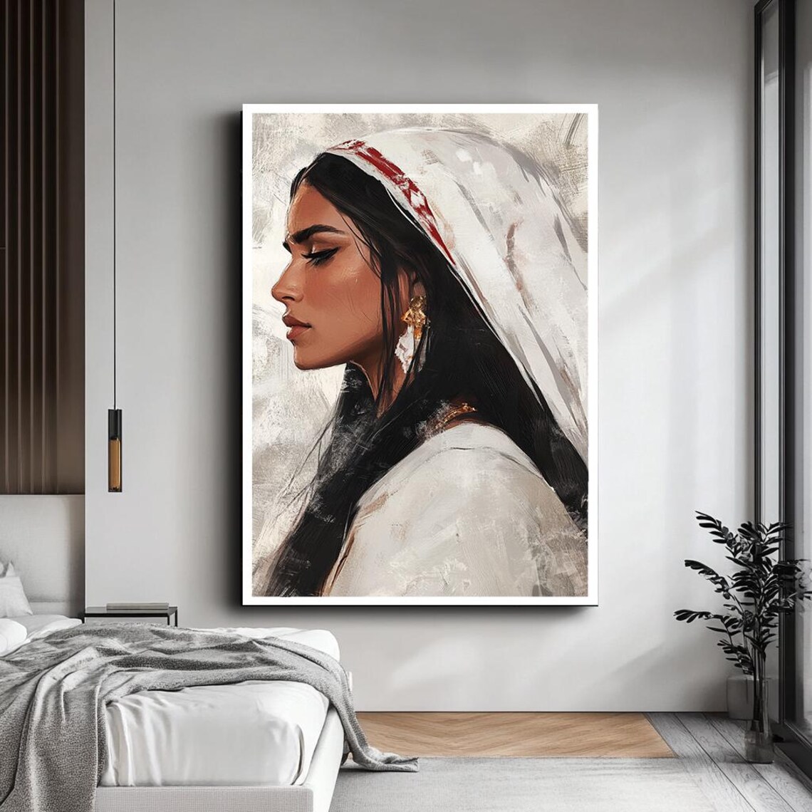 Woman in Traditional White Attire Timeless Cultural Portrait Gold Wall Art - Image 2