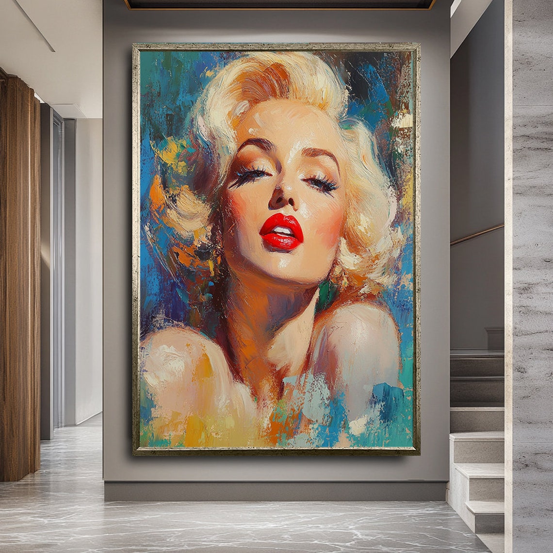 Glamorous Blonde Woman With Red Lips Colorful Impasto Portrait Poster - Image 2
