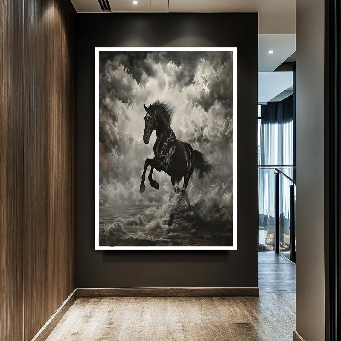 Wild Black Horse Rearing Storm Clouds Dramatic Monochrome Poster - Image 2