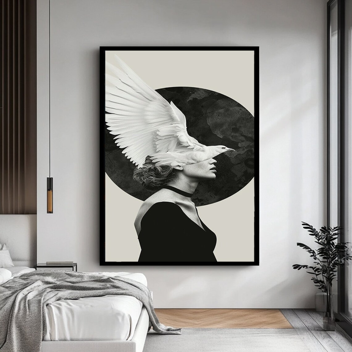 Woman White Dove Bird Over Face Surreal Black White Art Poster - Image 4