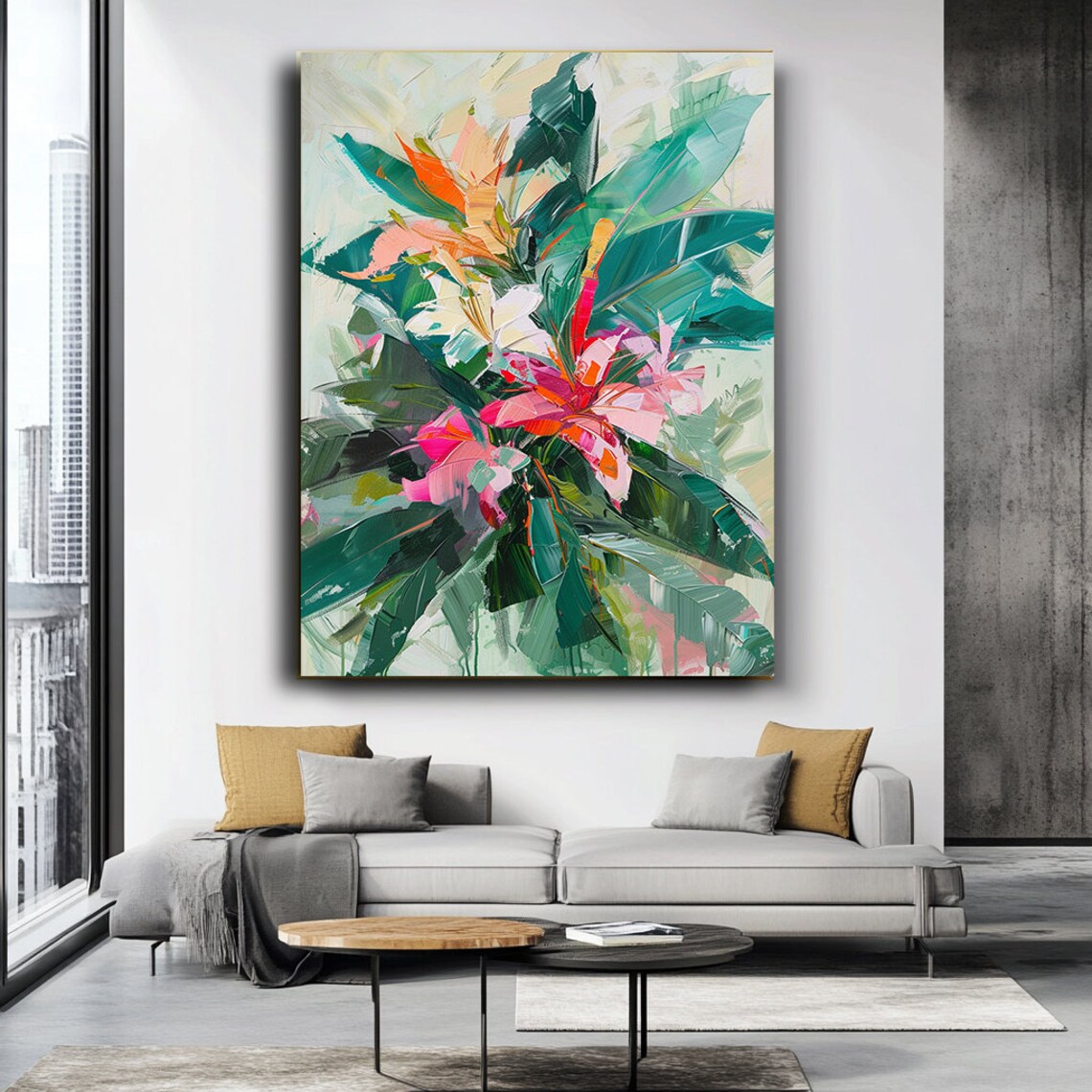 Vibrant Pink Orange Tropical Flowers With Teal Leaves Abstract Poster - Image 3