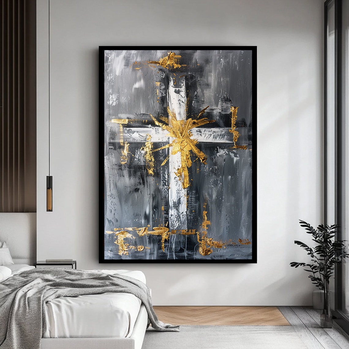 Gold Cross Grey Black Abstract Faith Religious Wall Art Poster - Image 3