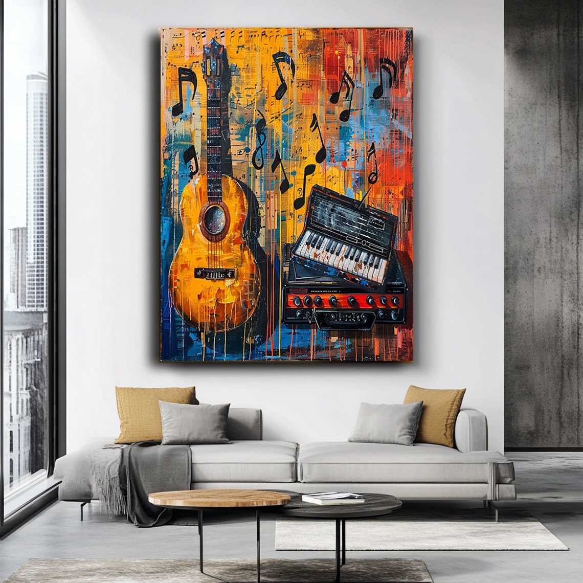 Orange Guitar And Keyboard On Vibrant Graffiti Music Notes Wall Art - Image 3