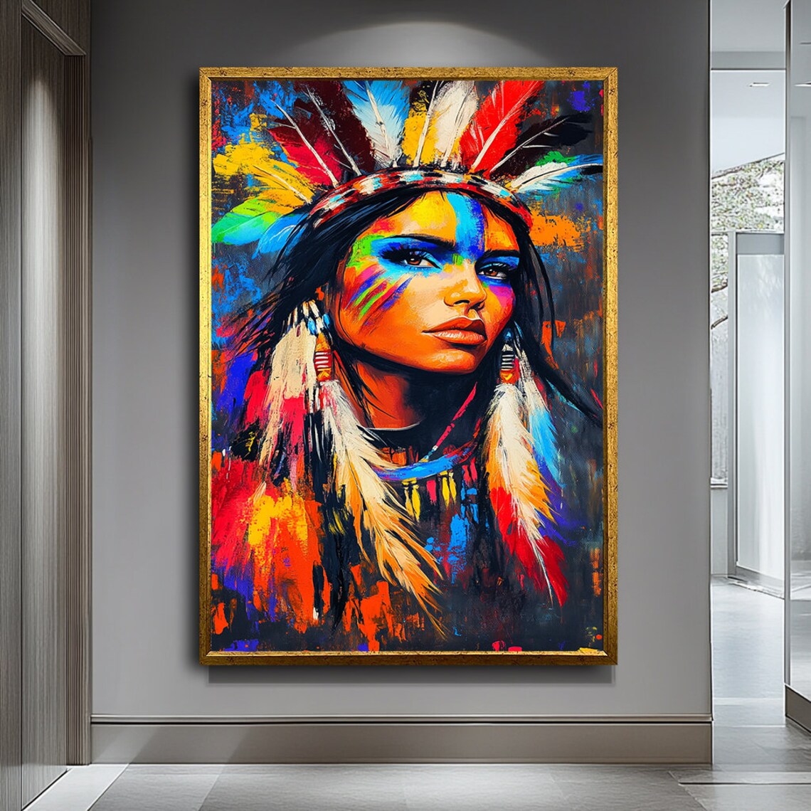 Native American Woman Feather Headdress Vibrant Colorful Portrait Art Poster