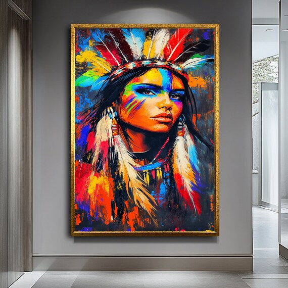 Native American Woman Feather Headdress Vibrant Colorful Portrait Art Poster