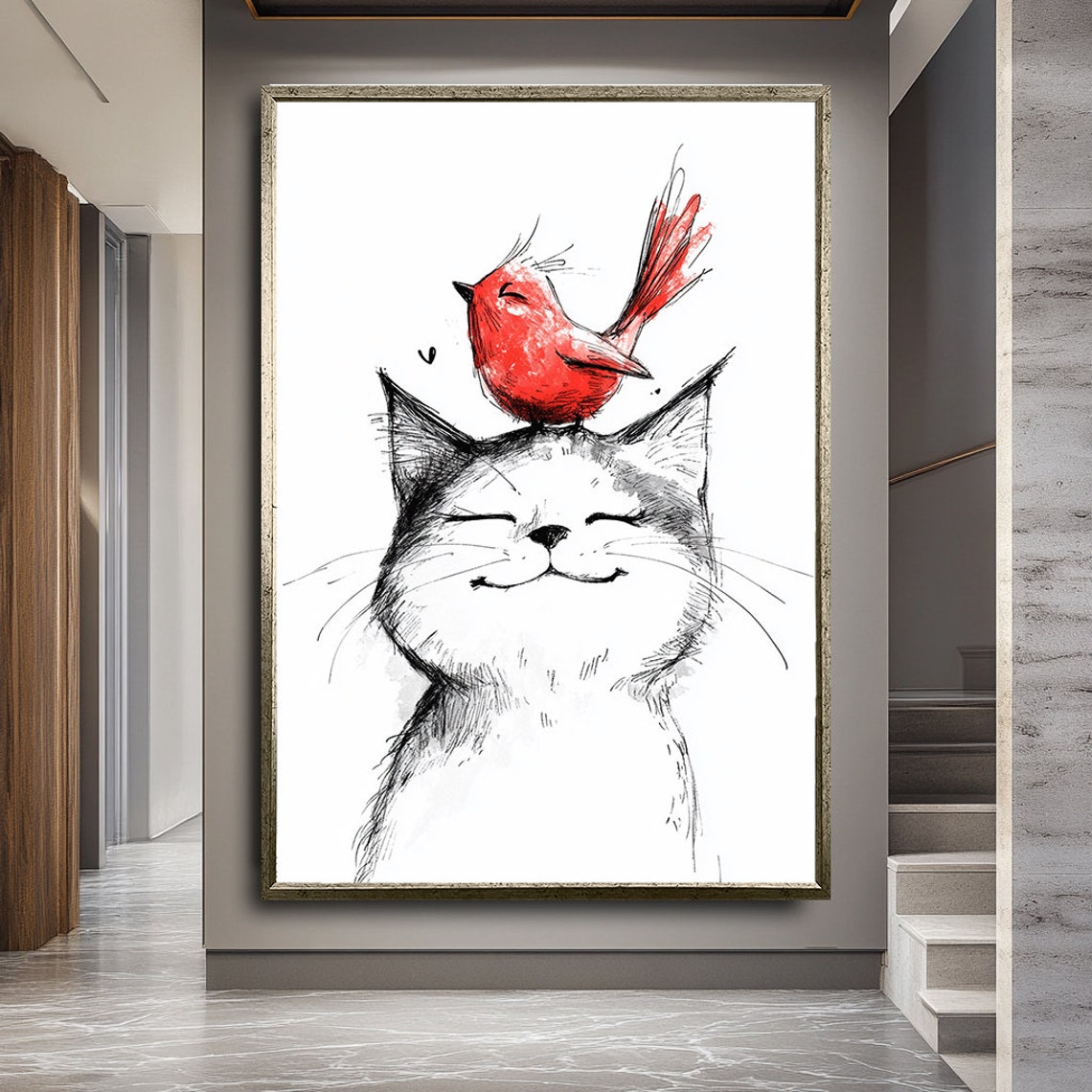 Smiling Cat With Red Bird Perched On Head Minimalist Ink Sketch Poster - Image 3