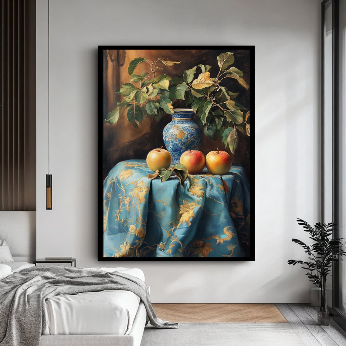 Fruit And Vase On Table Still Life Art Classic Nature Inspired Painting Elegant Home Decor - Image 4