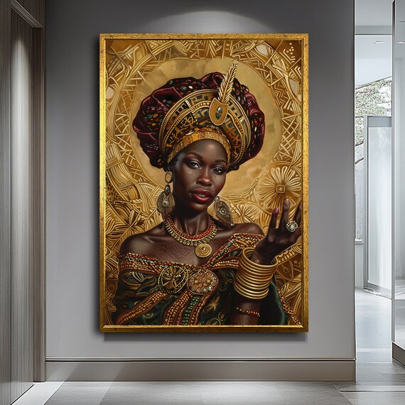 African Woman With Gold Accents Art Elegant Cultural Portrait Modern Ethnic Wall Decor