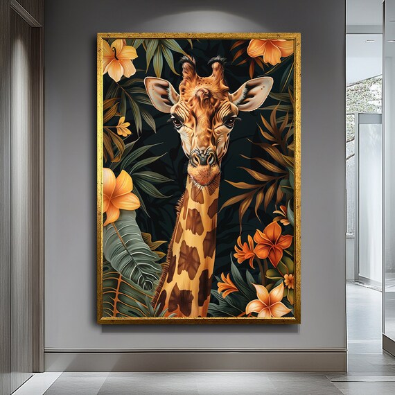 Giraffe Tropical Flowers Dark Jungle Portrait Animal Art Poster