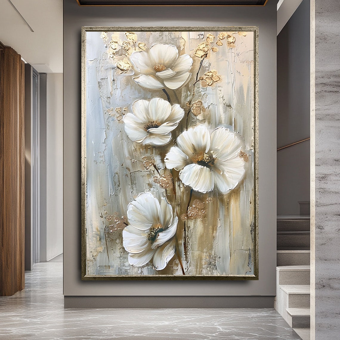 White Anemone Flowers In Impasto Style Painterly Floral Wall Art - Image 2