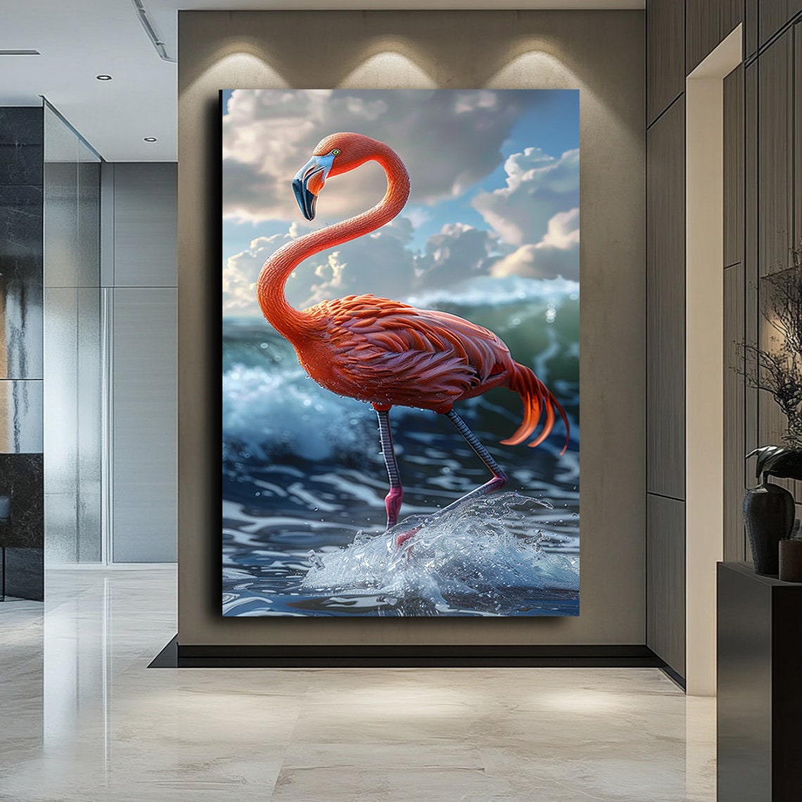 Pink Flamingo Standing Ocean Wave Splash Tropical Bird Poster