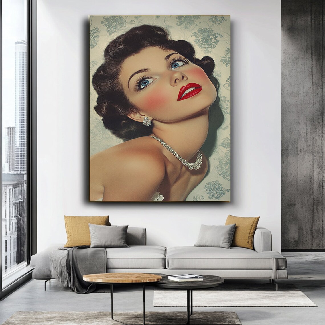 Retro Glamour Portrait Blue Eyed Woman Red Lips Diamond Jewelry Wall Poster - Image 3