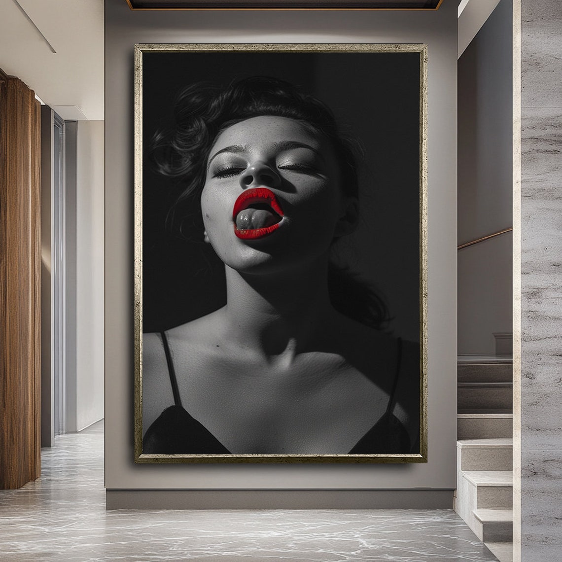 Woman Red Lips Tongue Black White Portrait Bold Fashion Poster - Image 3
