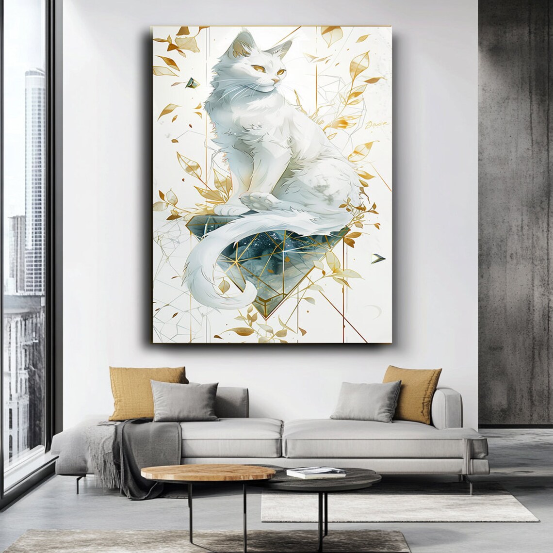 Elegant White Cat Golden Leaves Geometric Feline Portrait Poster - Image 3