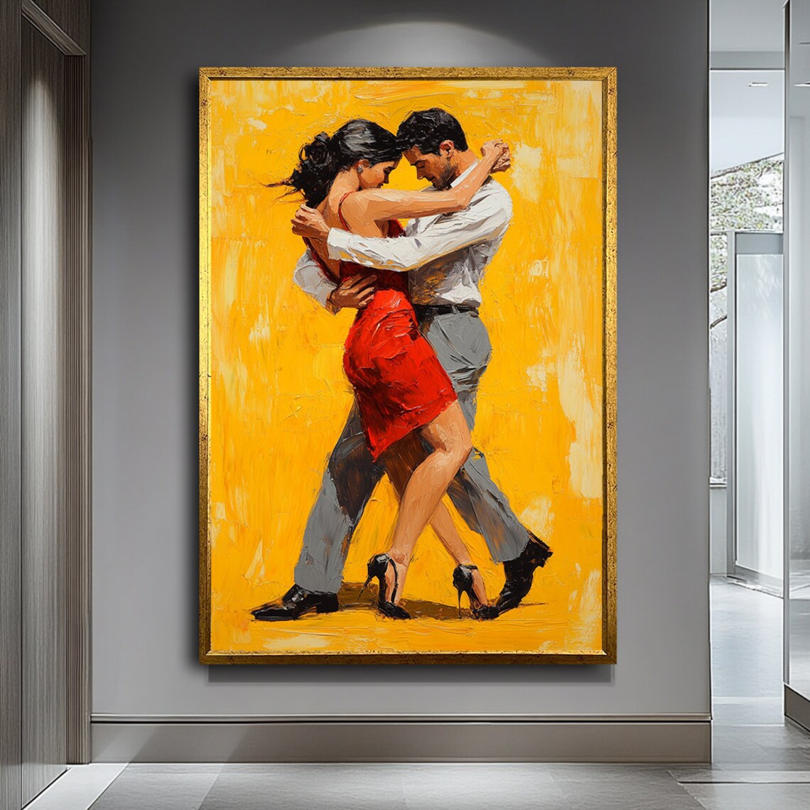 Tango Dancing Couple Red Dress Golden Background Passionate Dance Art Wall Poster