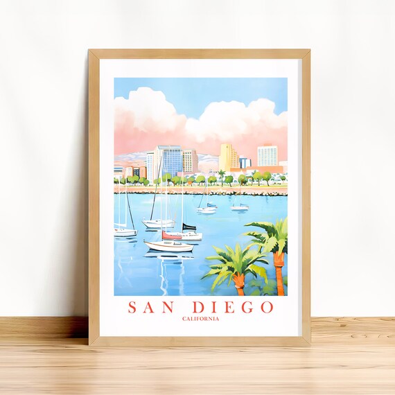 San Diego California Marina Travel Poster Sailboat Harbor Art