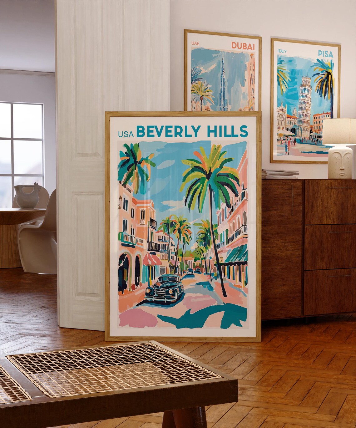Beverly Hills USA Palm Lined Street Vintage Car Travel Poster - Image 3