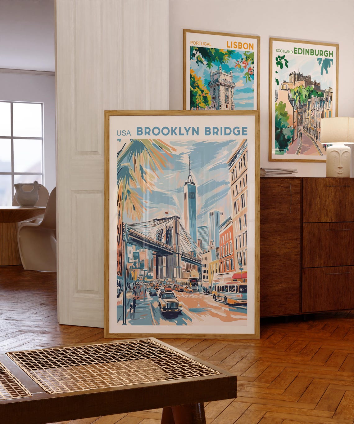 Brooklyn Bridge USA Retro Orange Teal Street Traffic Art Poster - Image 4