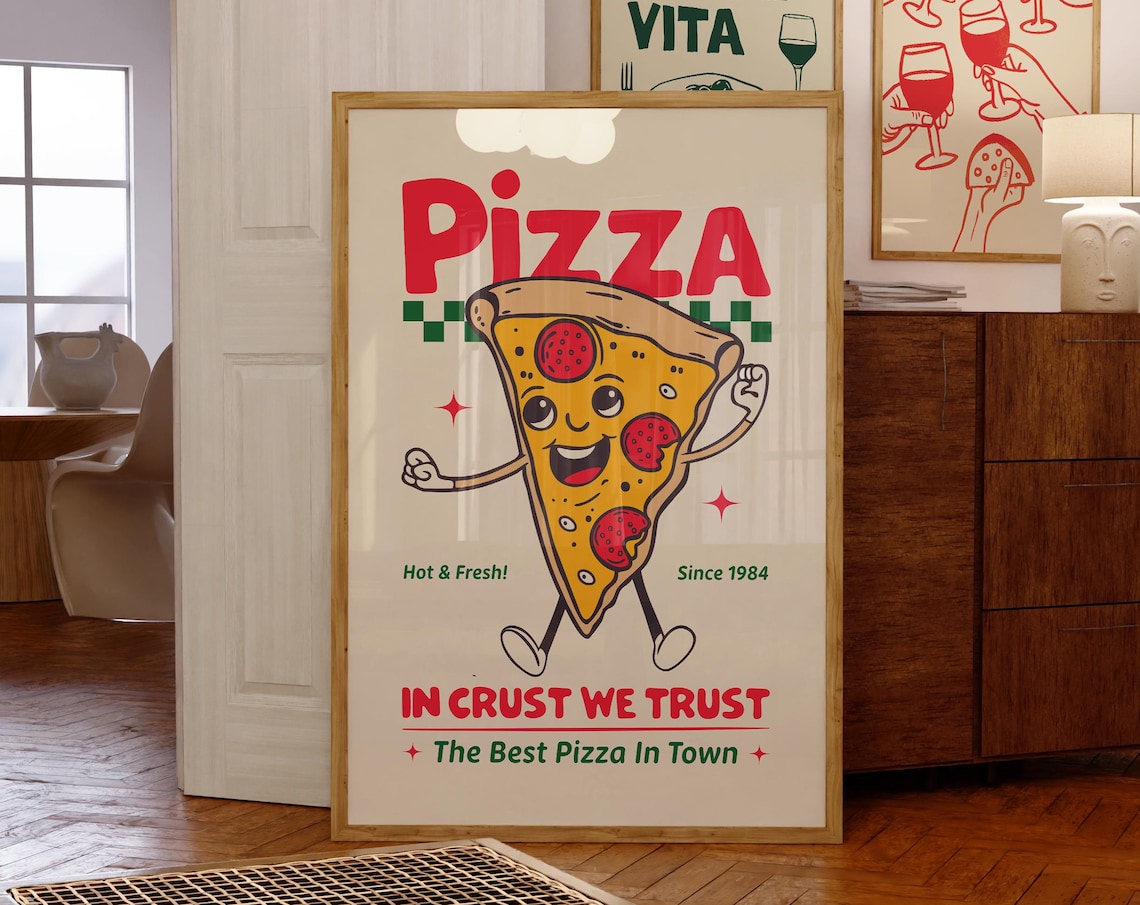 Retro Pizza Poster, 1980s Pizzeria Art Print