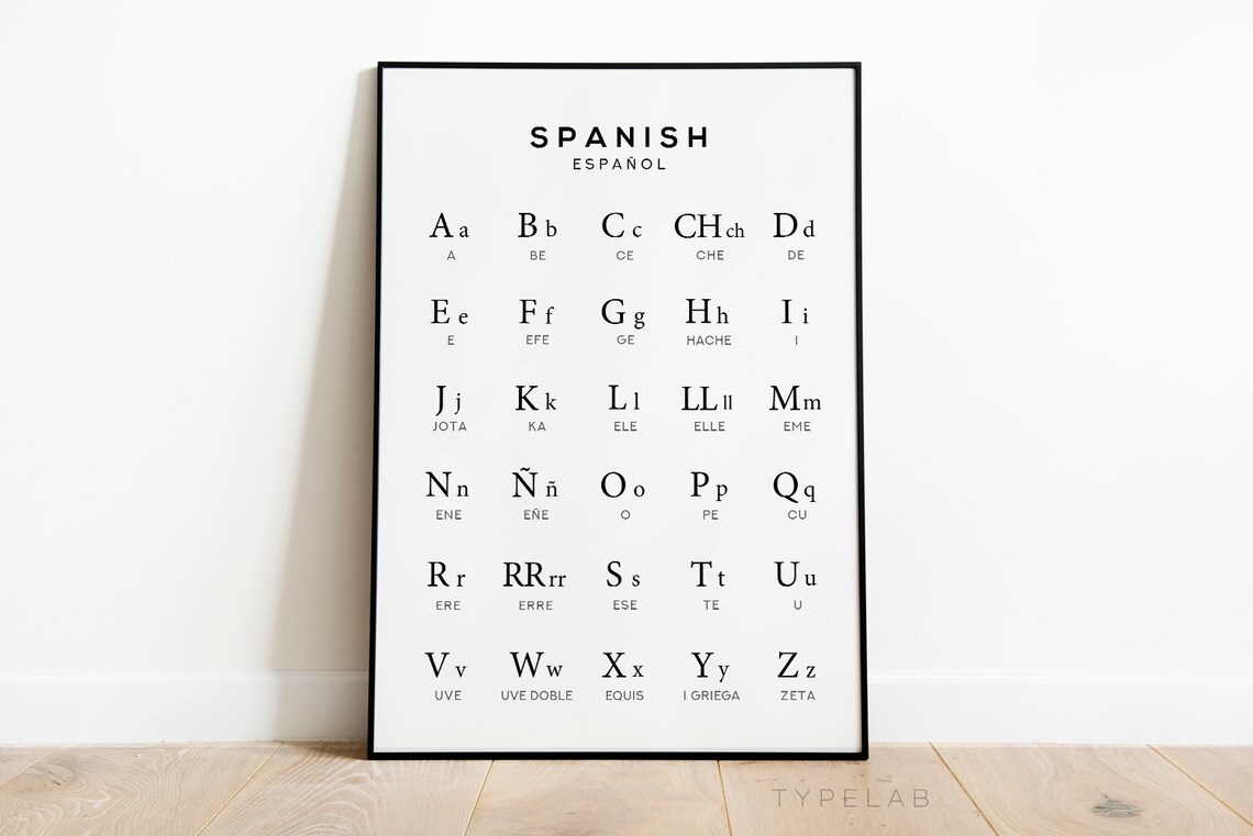 Spanish Alphabet Art Print, Black White Language Chart