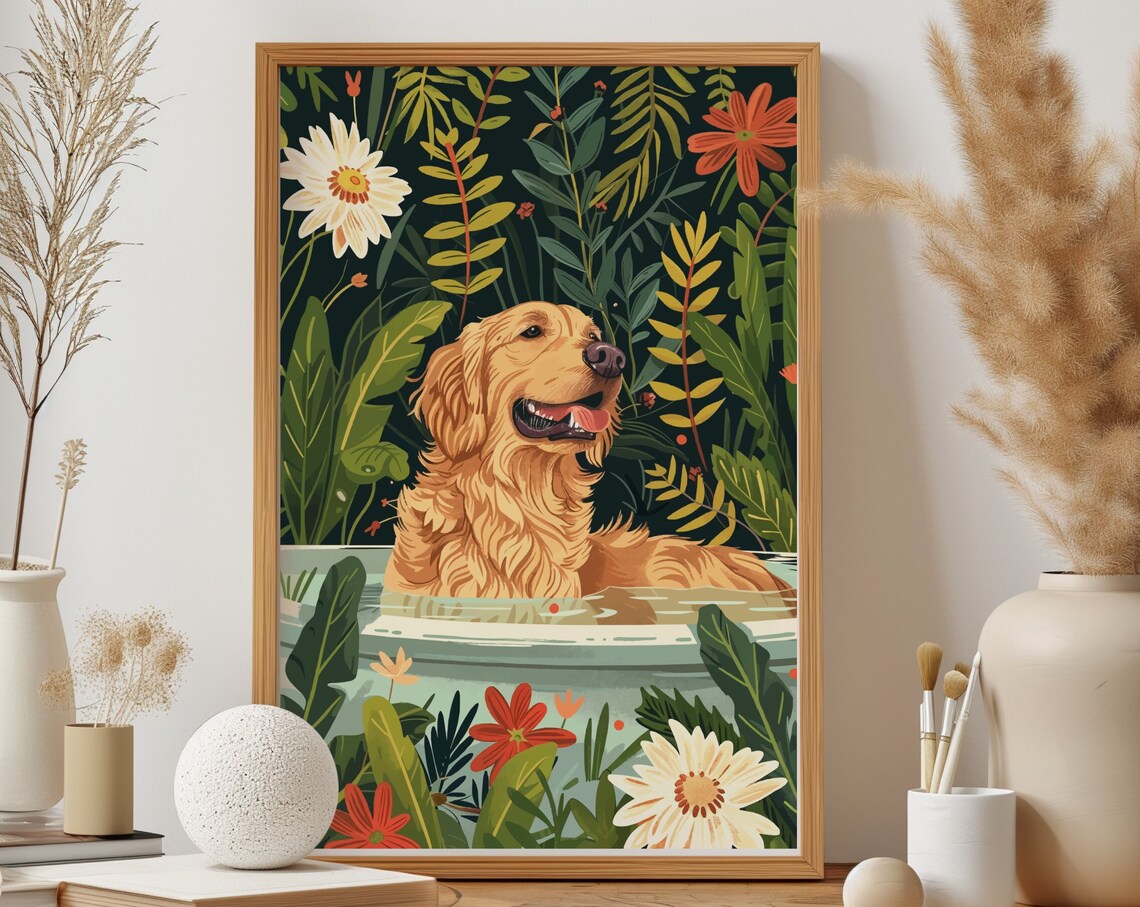 Golden Retriever Botanical Poster, Tropical Boho Decor - Image 4