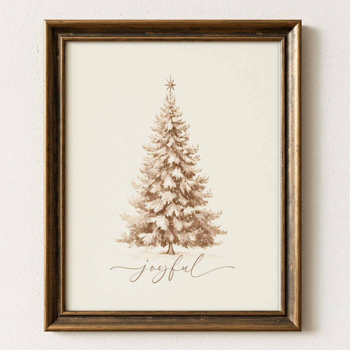 Joyful Sepia Christmas Tree Watercolor Rustic Holiday Art Print