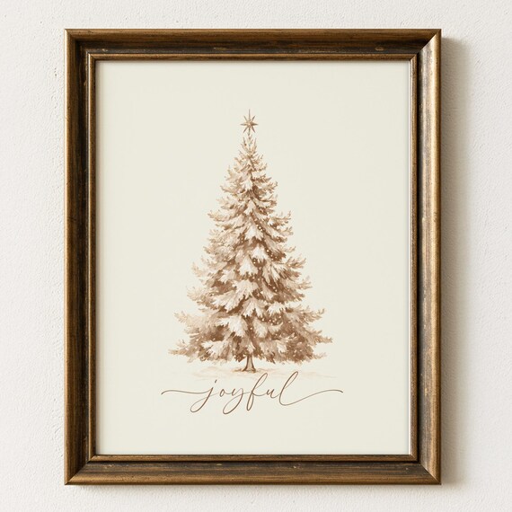 Joyful Sepia Christmas Tree Watercolor Rustic Holiday Art Print