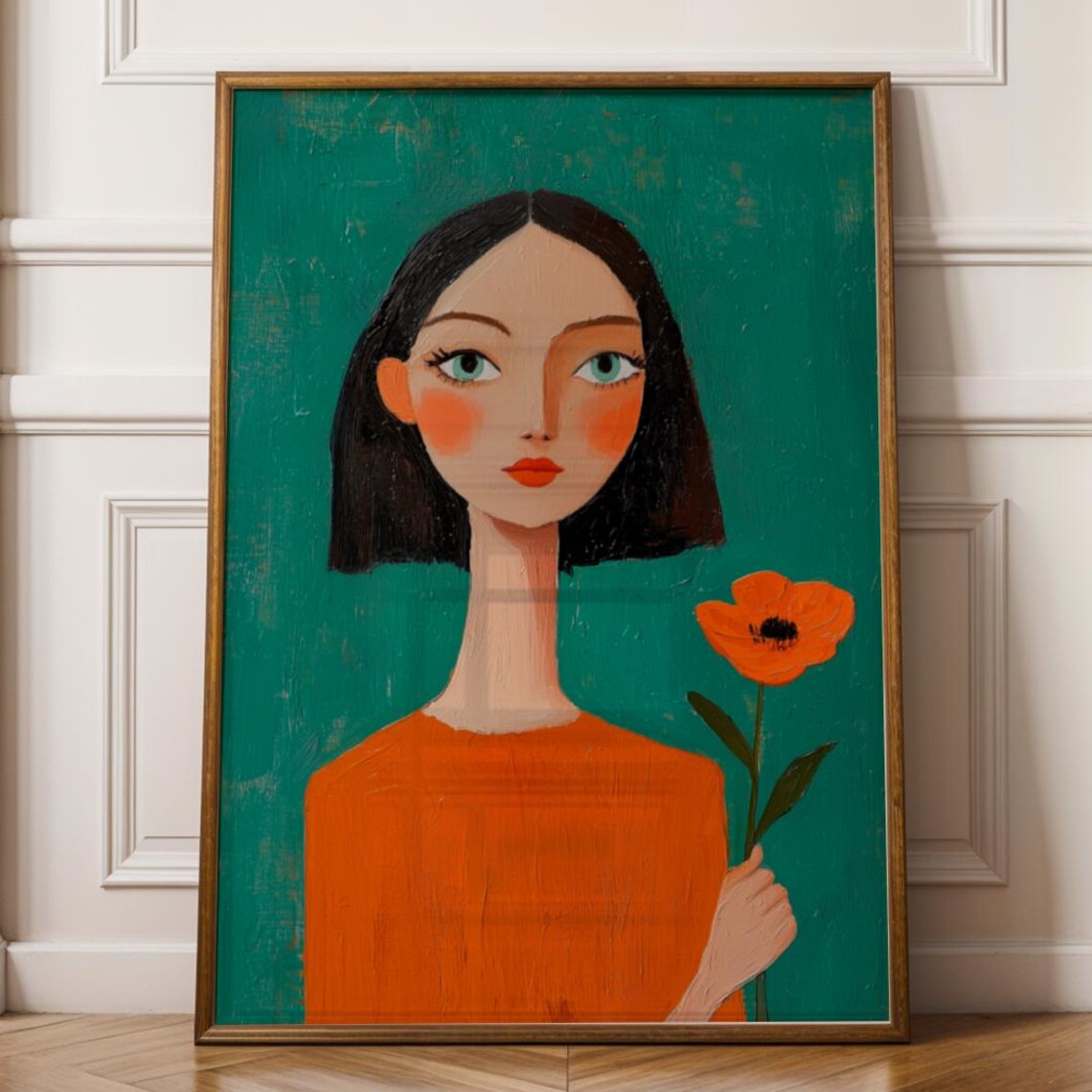 Woman Holding Orange Poppy Teal Green Modern Portrait Art Print