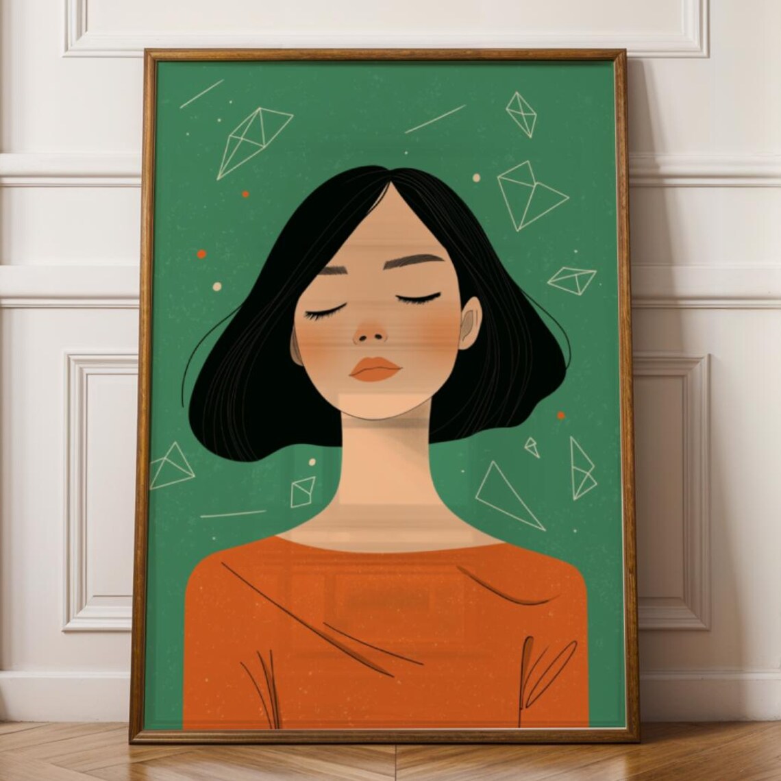 Geometric Woman Portrait Floating Shapes Sage Green Modern Art Print