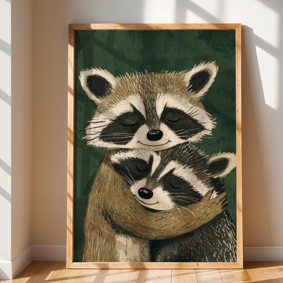 Emerald Green Raccoon Print Whimsical Animal Art Pdf Png