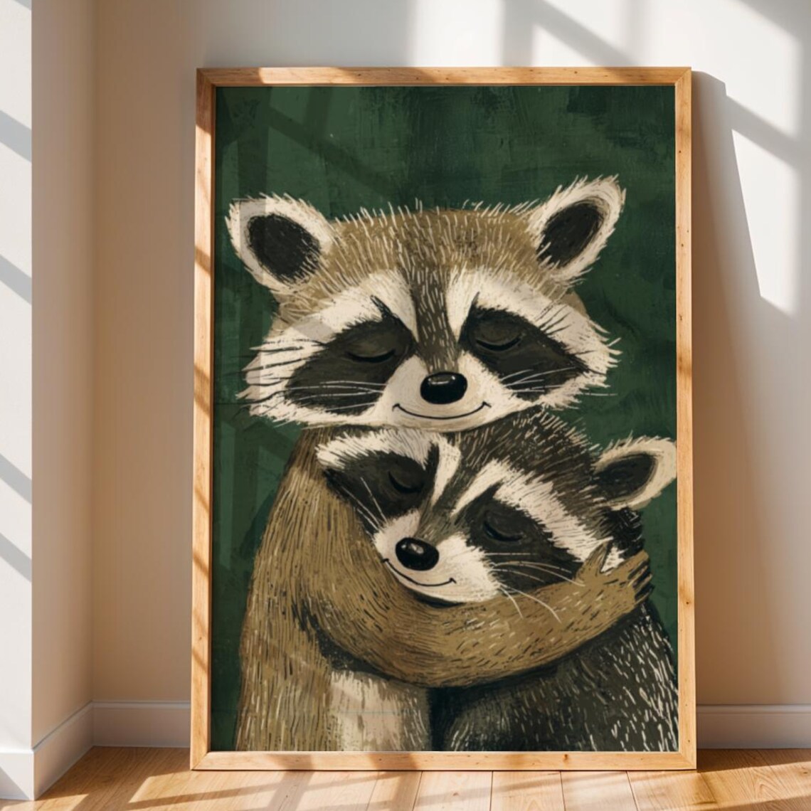Emerald Green Raccoon Print Whimsical Animal Art Pdf Png