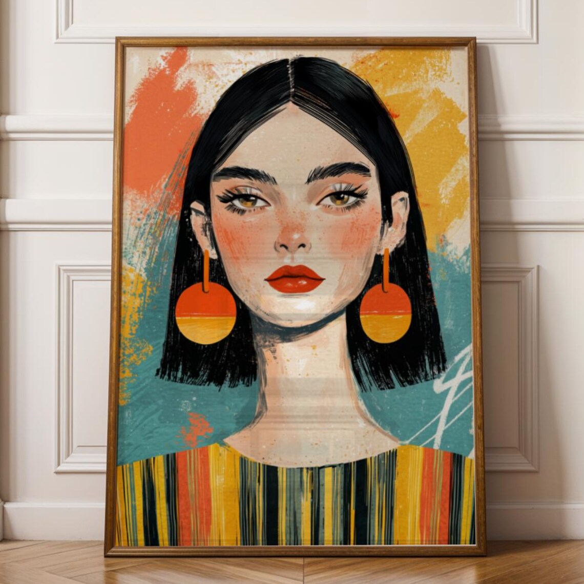 Bold Pop Art Woman Portrait Orange Earrings Striped Top Wall Art