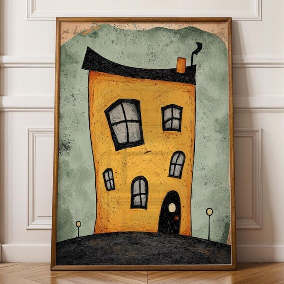 Naive Art Orange House Print Whimsical Folk Cottage Textured Illustration Quirky Wall Decor Teal And Yellow