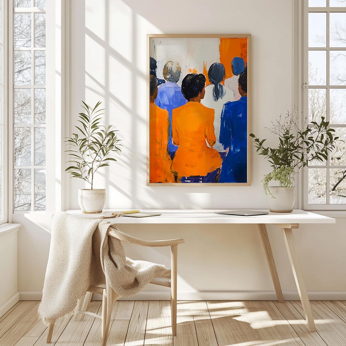 Office Workers From Behind Art Poster Orange Blue Painterly Figures