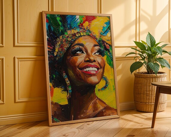 Joyful Woman Colorful Headdress Portrait Poster Bright Smile Art