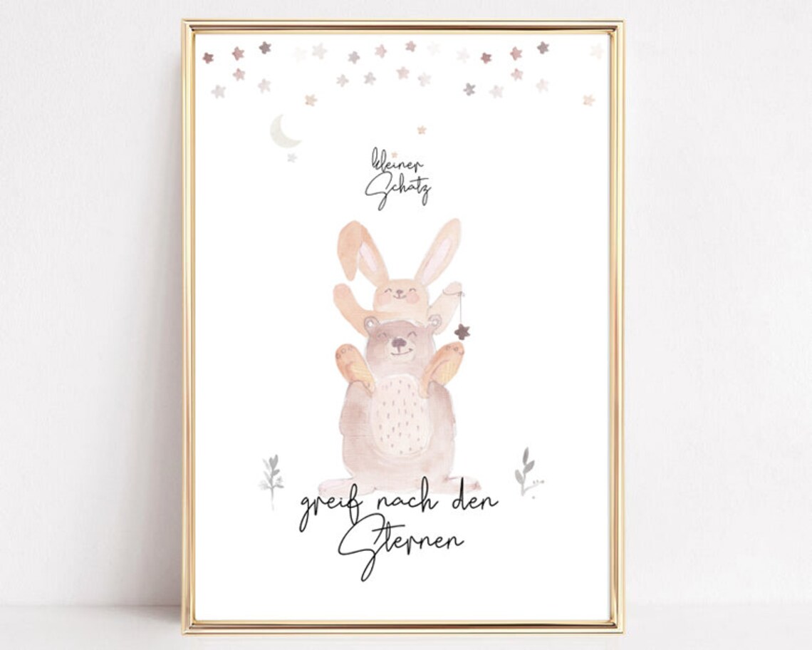 Kleiner Schatz Bear Hugging Bunny Reach For The Stars Nursery Poster