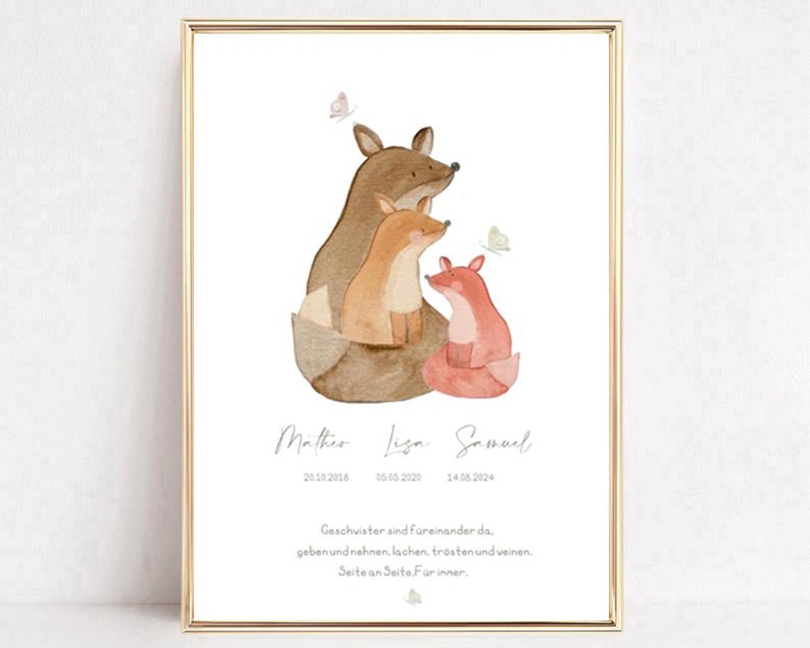 Three Foxes Sibling Quote Personalized Names Dates Watercolor Poster