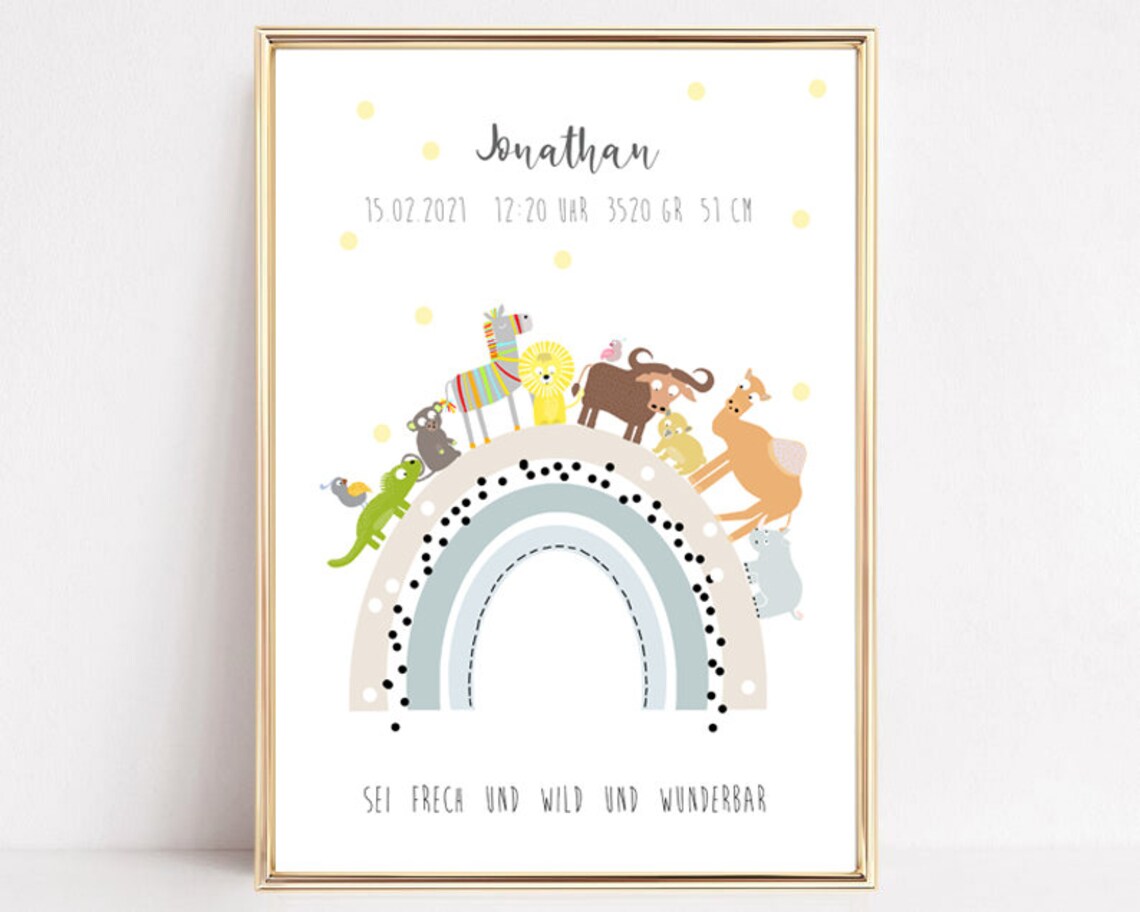 Personalized Safari Animals Rainbow Baby Birth Details Art Poster