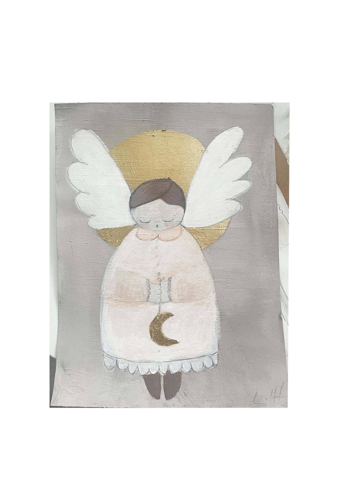 Guardian Angel Gold Halo Moon Soft Painted Nursery Art Poster - Image 2