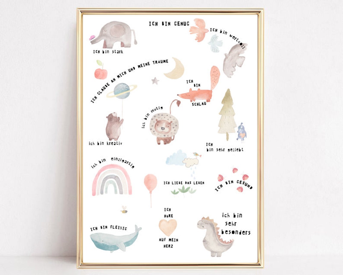 German Kids Affirmations Cute Watercolor Animals Nursery Poster