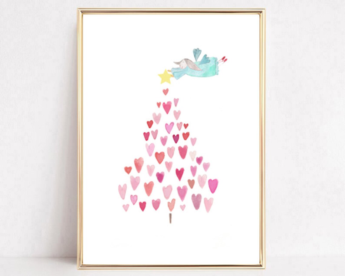 Heart Christmas Tree Angel Star Pink Watercolor Holiday Art Poster