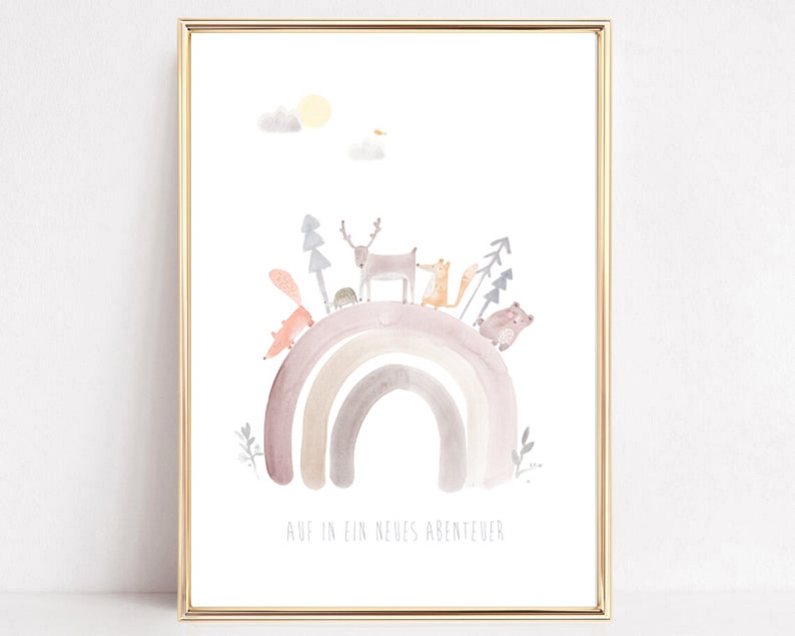 Boho Animals Watercolor Rainbow Nursery Art Print