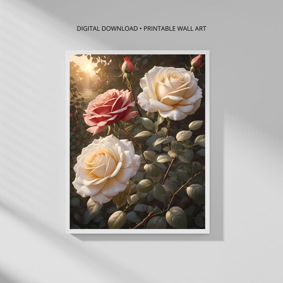 Modern Botanical Wall Art Print Red And White Roses Minimalist Decor