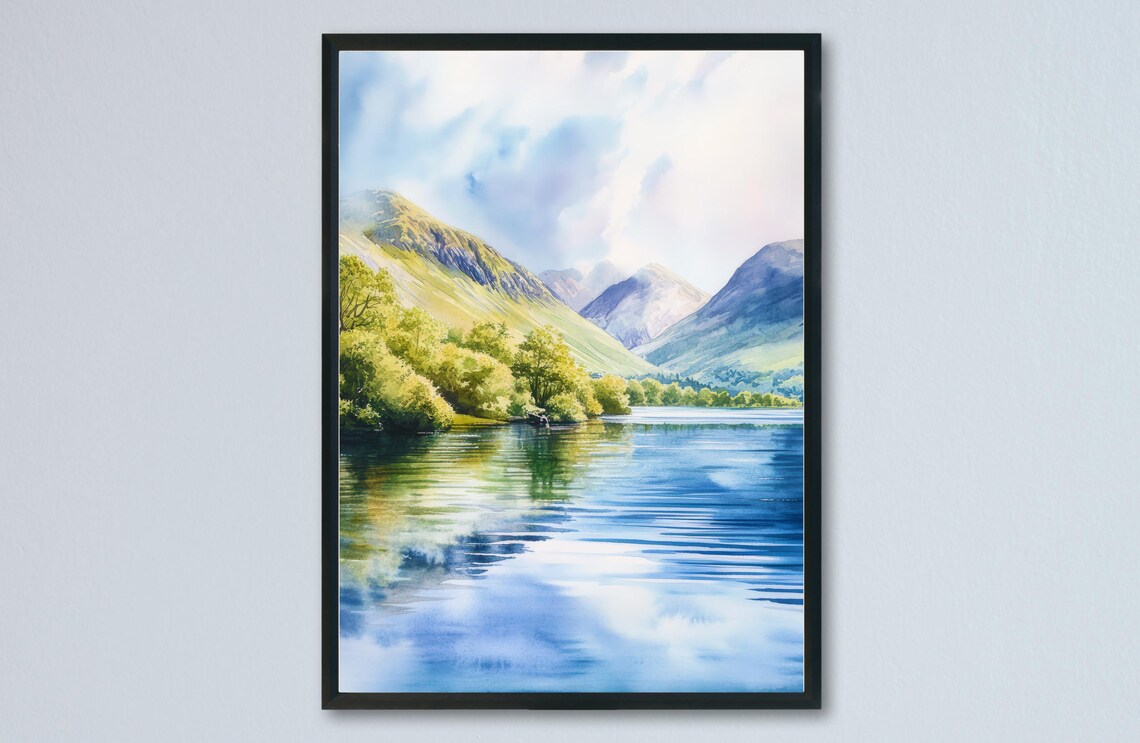 Loweswater Lake District Blue Lake Trees Mountains Watercolor Poster