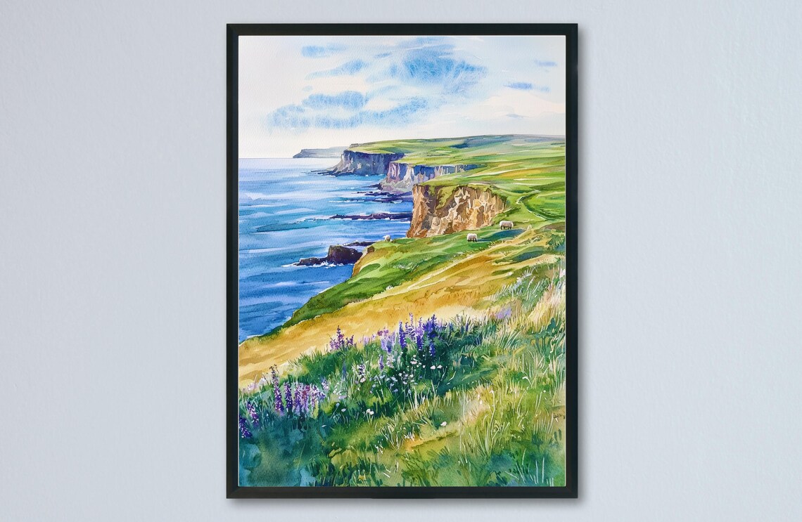 Orkney Islands Green Sea Cliffs Watercolor Wildflower Scotland Poster