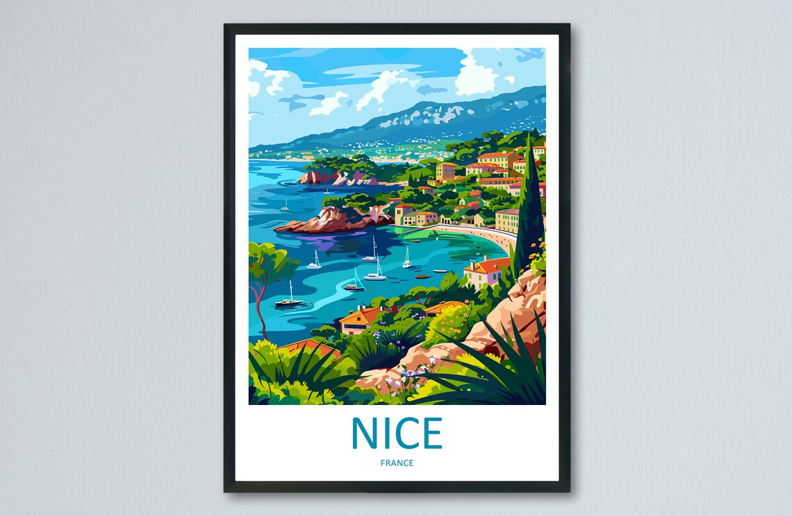 Nice France Coastal Bay Sailboats Hillside Town Scene Poster