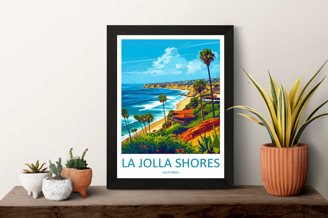La Jolla Shores California Red Cliff Tall Palms Surf View Poster - Image 3