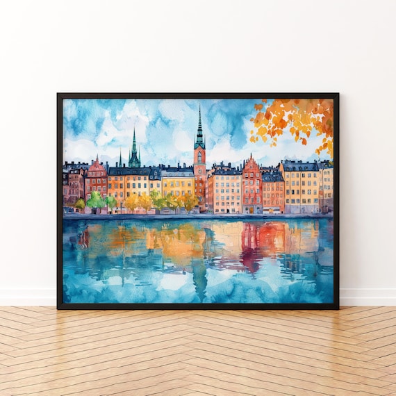 Stockholm Old Town Church Spire Waterfront Watercolor Poster
