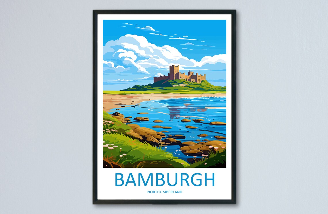 Bamburgh Castle Northumberland Coastal Shore View Travel Poster