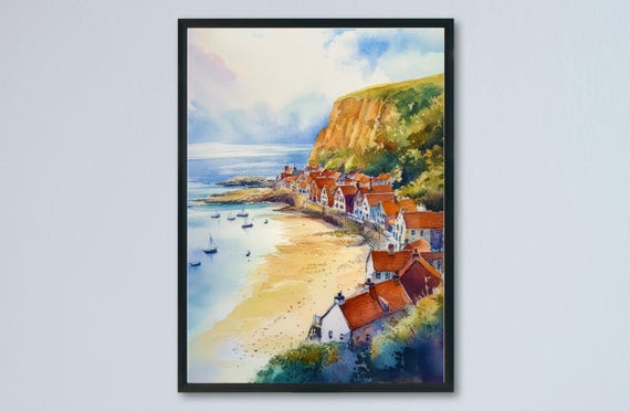 Runswick Bay Watercolor Poster Wall Art Hanging Home Dcor Gift Lovers United Kingdom